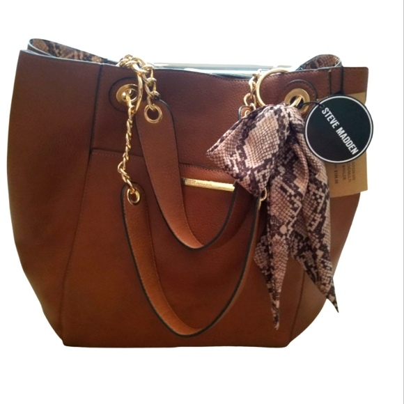 Steve Madden Handbags - Steve Madden BWilde Large handbag Brown Gold Chain Handles Scarf NWT
